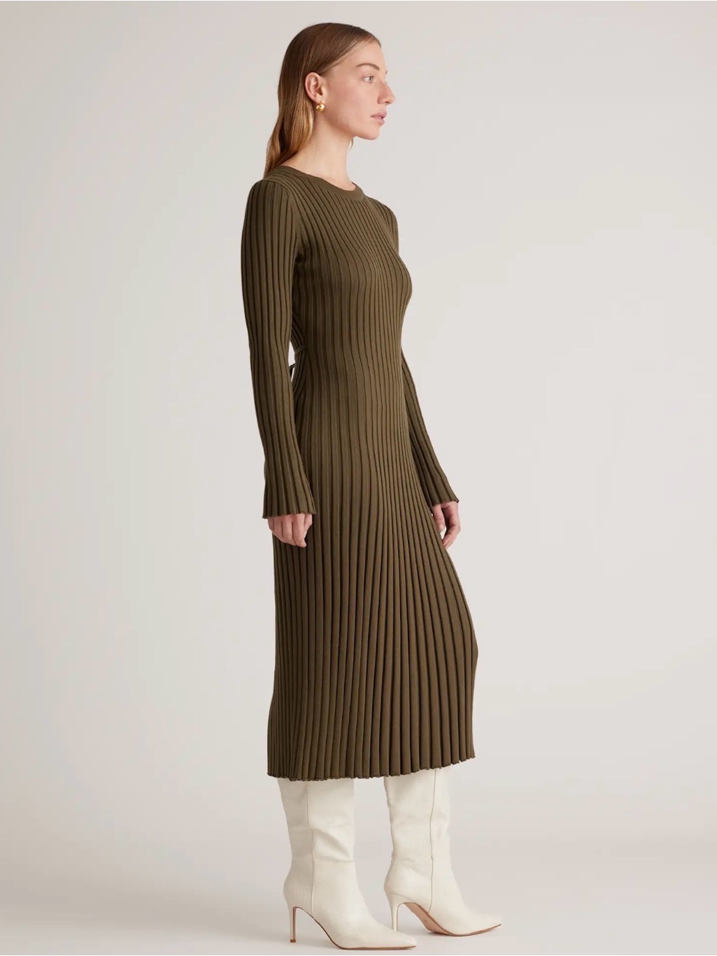 Quince Cotton Cashmere Ribbed Long Sleeve Crew Midi Dress